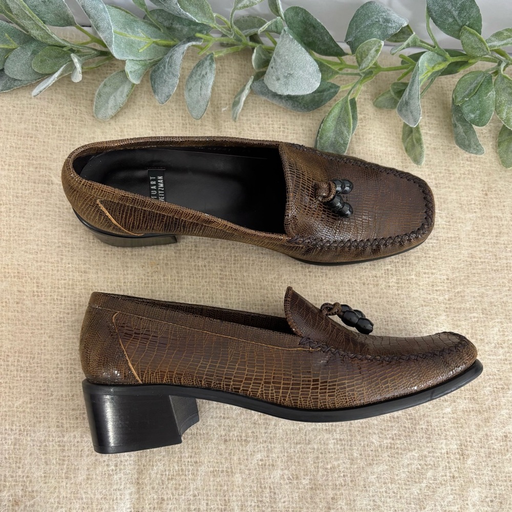 Stuart Weitzman loafers women 7.5 B brown crocodile snake chunky heel